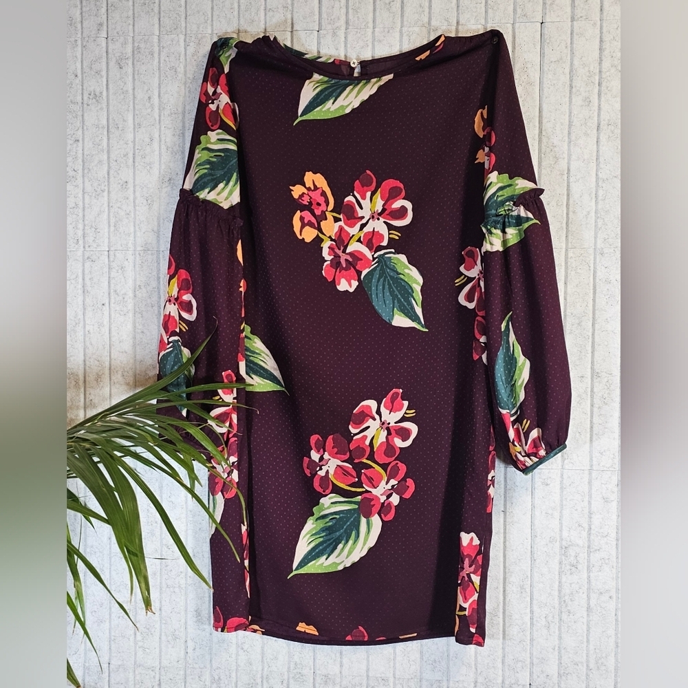 LOFT Dress Small Burgundy Floral Long Sleeve Shift Sheath Lined